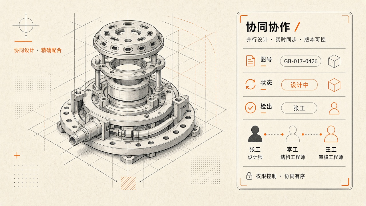 SolidWorks 协同概念示意:建模的同时能看到图号、状态和谁在改